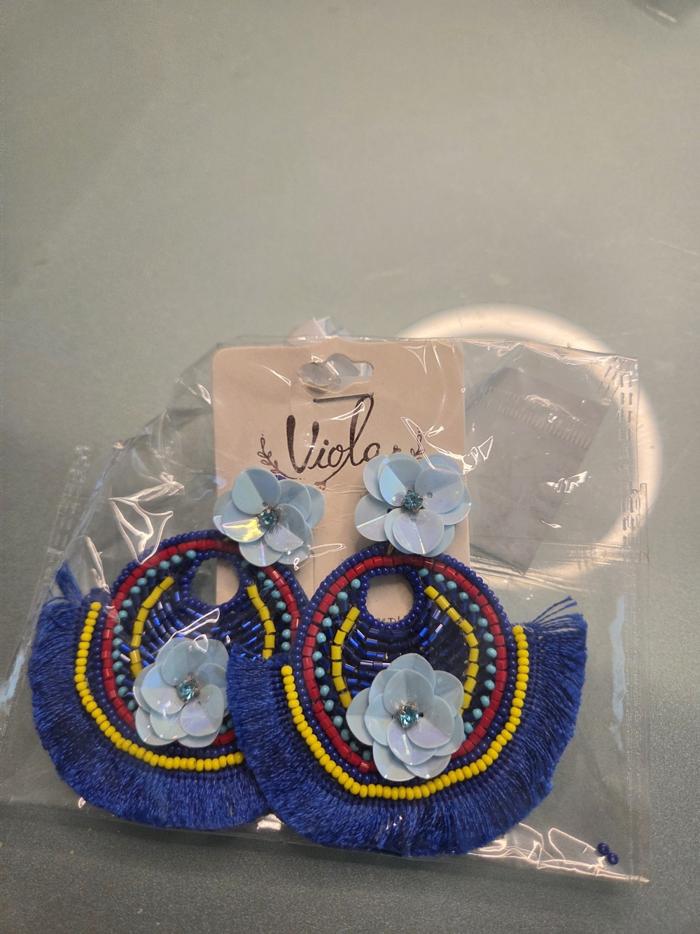 Blue Beaded Fringe Flower Hoop Earrings